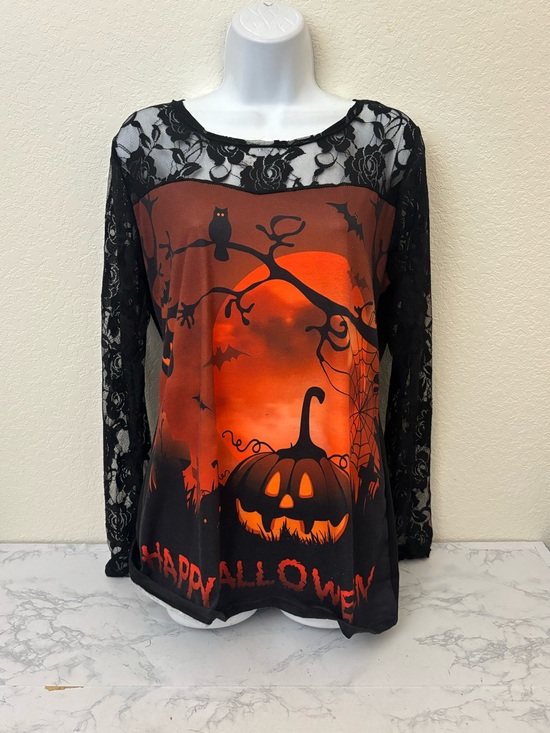 Unbranded Tops - Gothic Lace Embroidered Orange Black Long Sleeve Top Womens L Happy Halloween